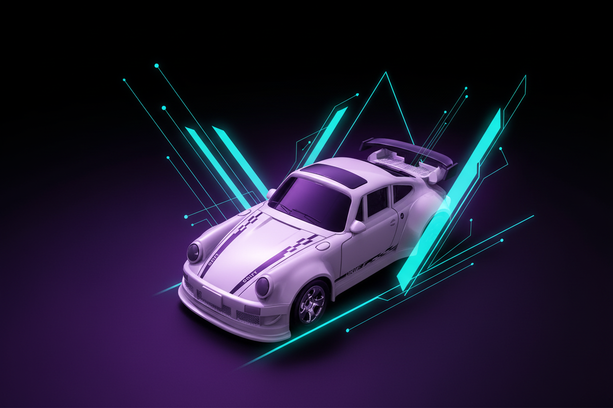 Białe Porsche na fioletowym tle z cyjanowymi liniami