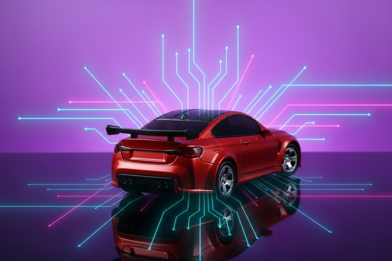 Czerwone auto RC na fioletowym tle