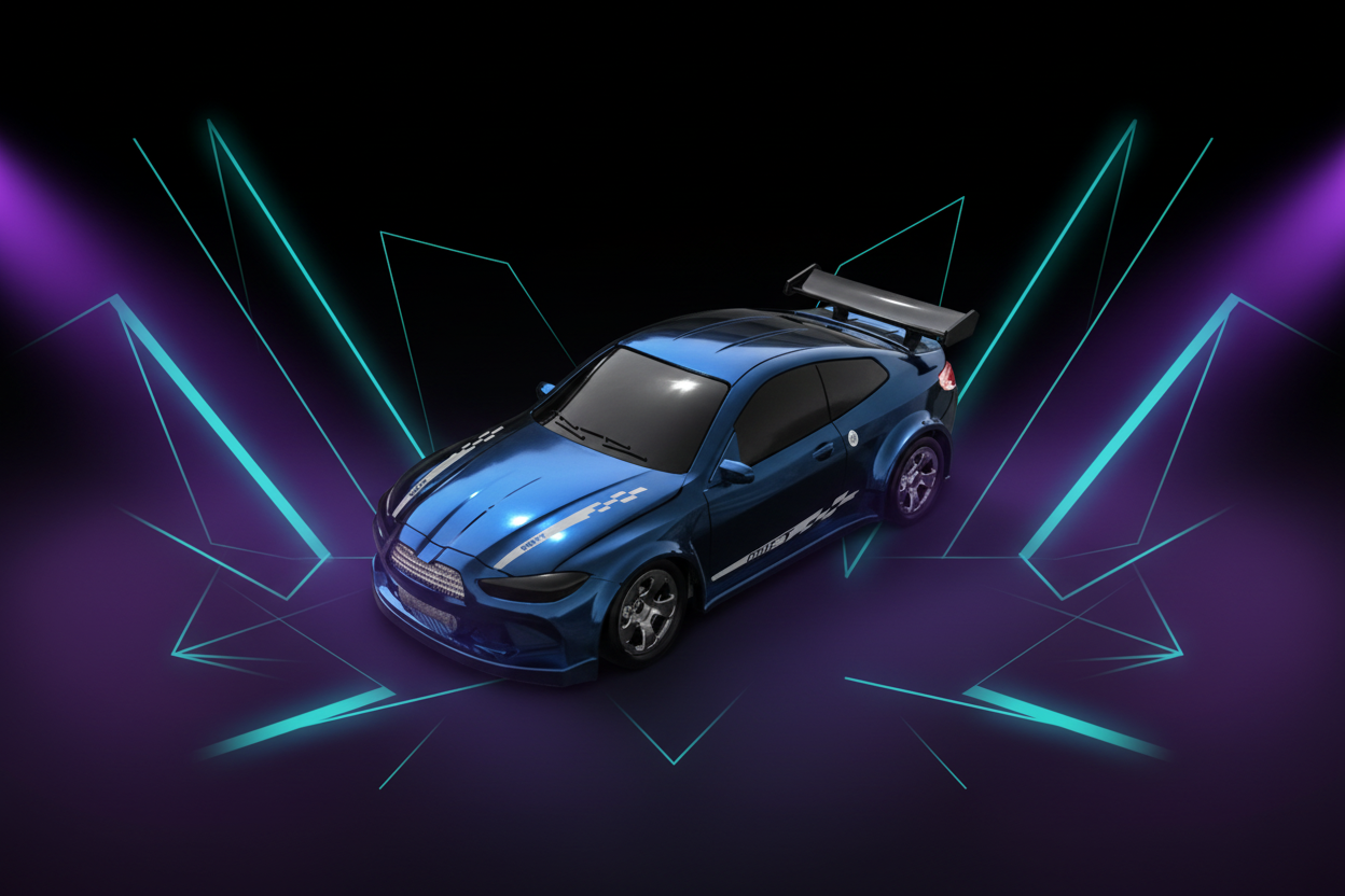 Niebieskie auto na fioletowym tle z cyjanowymi liniami